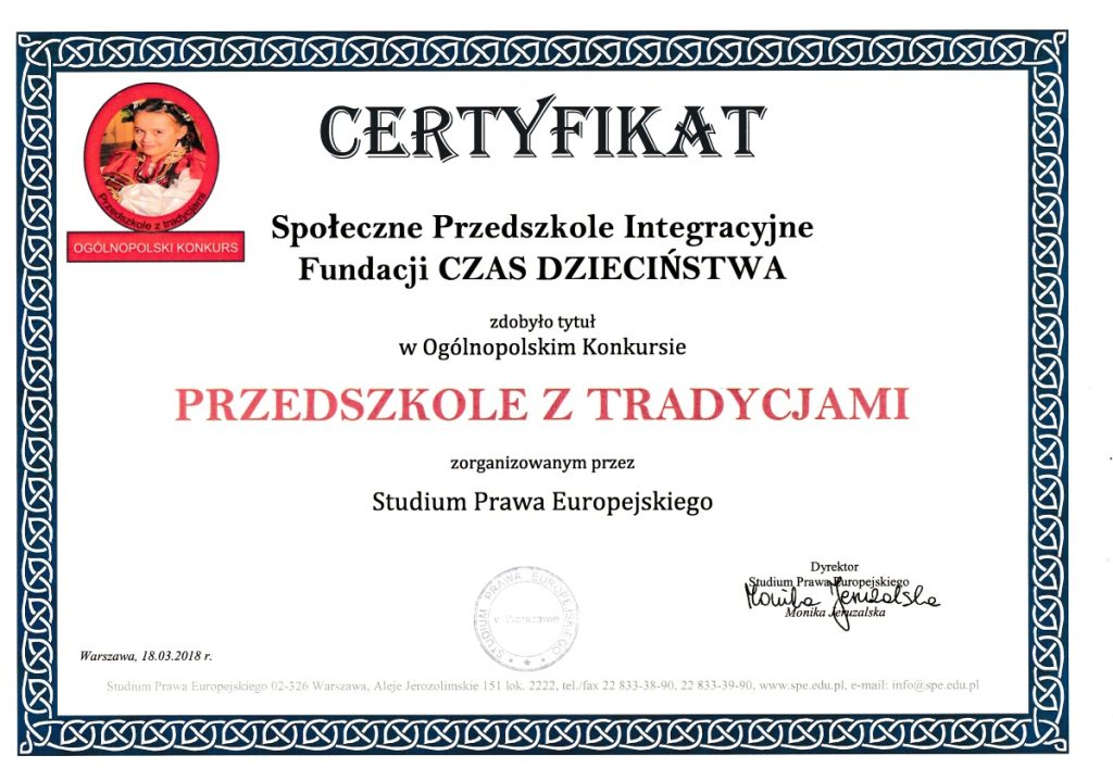 Certyfikat przedszkola z tradycjami