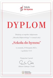 Dyplom akcji Szkoła do hymnu