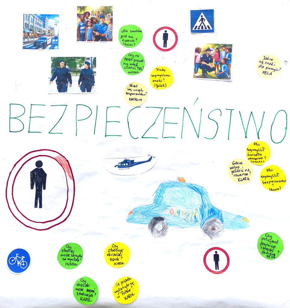 Plansza z zapytajkami do tematu Bezpieczeństwo człowieka. Metoda Pytań Dzieci. Zajęcia dla dzieci 17-21 marca 2025